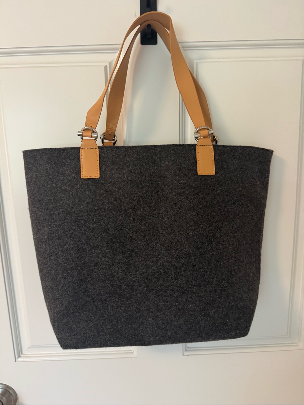 GAP Charcoal Felt Tote with Tan Leather Handles